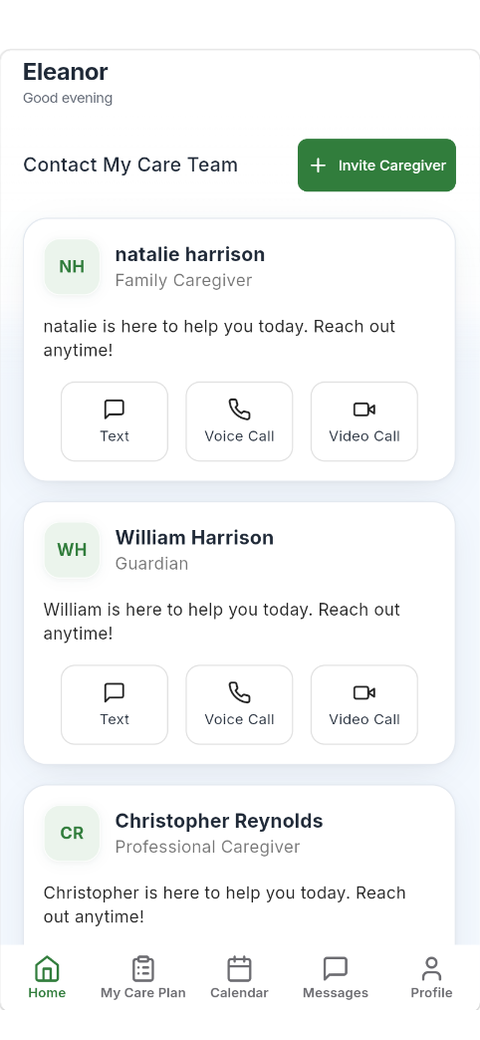 Vytier contact screen: text, voice call, or video call anyone in your circle