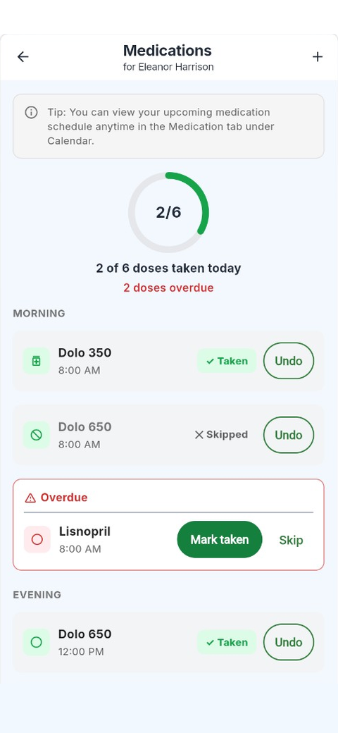 Vytier medication reminders: two of six doses taken today, with taken and skip buttons