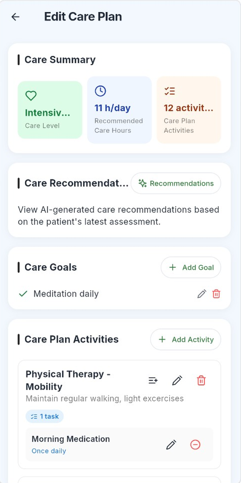 Vytier care plan with goals and daily activities