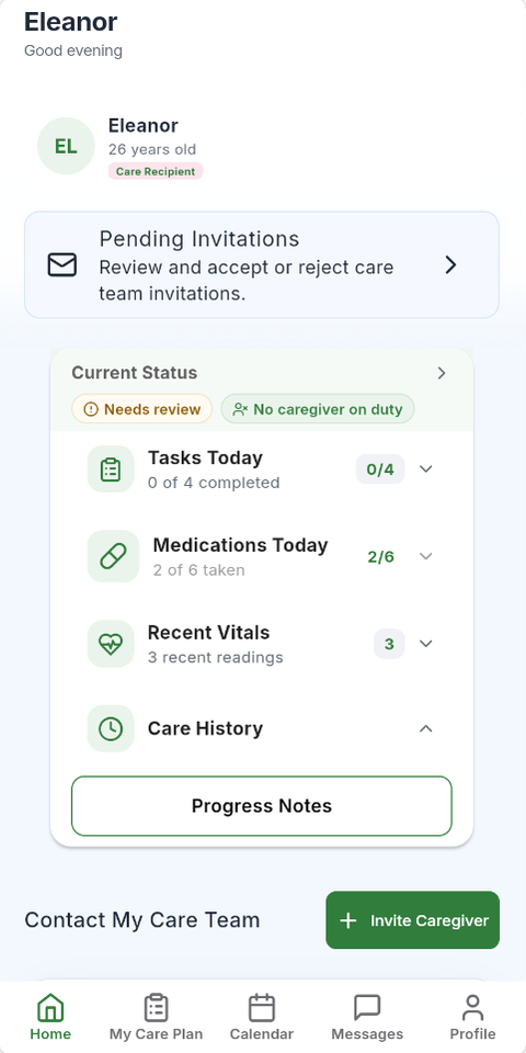 Vytier home screen for the person receiving care, with today’s tasks, medications, and vitals