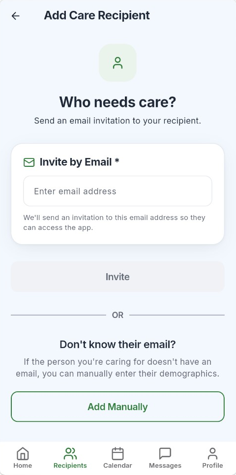 Vytier invitation screen: send an email invite to the person who needs care