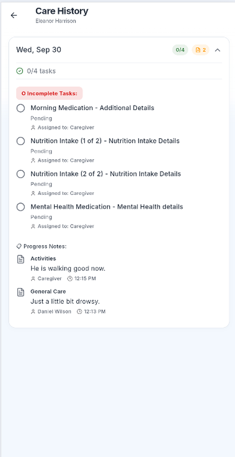 Vytier care history showing today’s tasks and progress notes