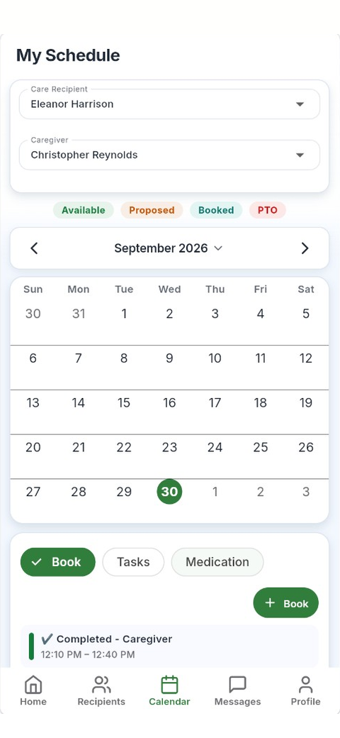 Vytier shared schedule: a month calendar with available, proposed, and booked visits